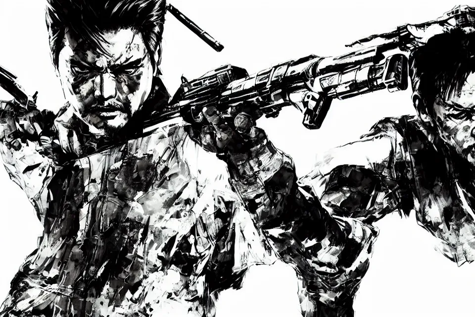 Prompt: a full - body portrait of chow yun - fat holding pistols, in yoji shinkawa's art style, metal gear solid art style highly detailed, 4 k, artistic, white background, b & w