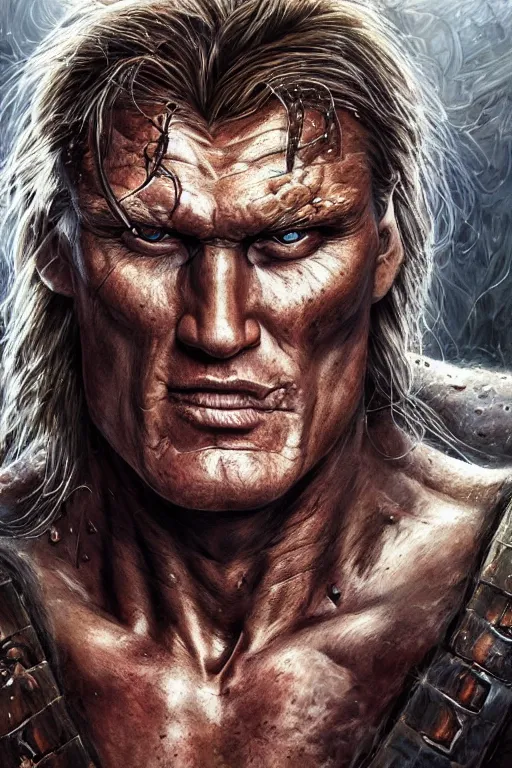 Image similar to closeup portrait shot of dolph lundgren as destruction of the endless, the sandman herculean thanos, conan the barbarian, highly detailed, digital painting, artstation, concept art, soft focus, depth of field, artgerm, tomasz alen kopera, peter mohrbacher, donato giancola, wlop, boris vallejo