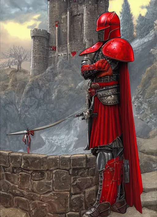 Image similar to A single Red Knight standing guard over the castle's gate, fantasy, artstation, highly detailed, 4k, digital painting, portrait by Larry Elmore