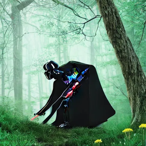 Prompt: darth vader picking flowers in the forest