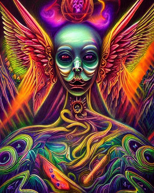 Prompt: fine details dreamcore airbrush surreal and darkly absurd symmetrical painting chaotic heavenly psychedelic dmt angel demon