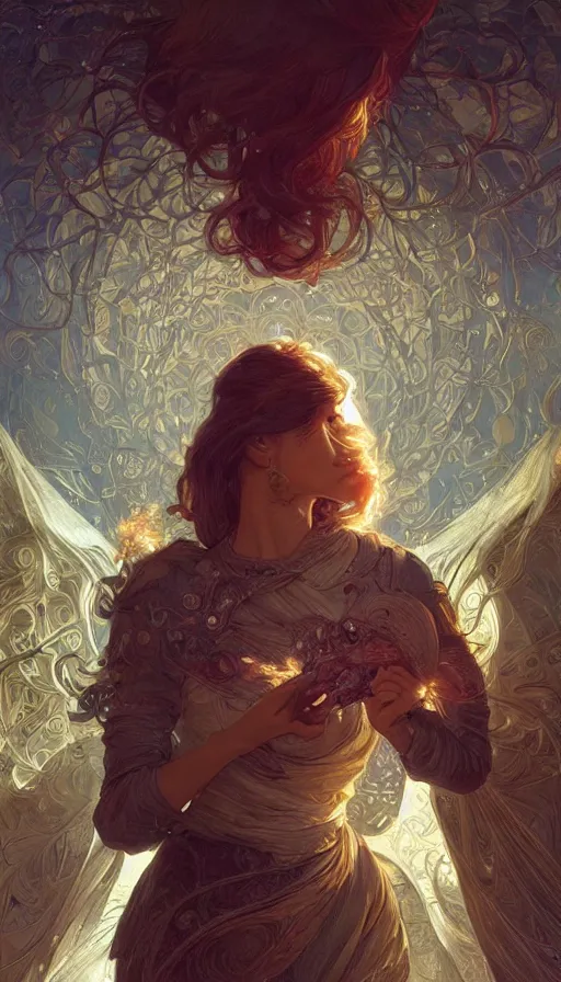 Image similar to time traveller, fibonacci, sweat drops, insane, intricate, highly detailed, digital painting, artstation, concept art, smooth, sharp focus, illustration, Unreal Engine 5, 8K, art by artgerm and greg rutkowski and alphonse mucha