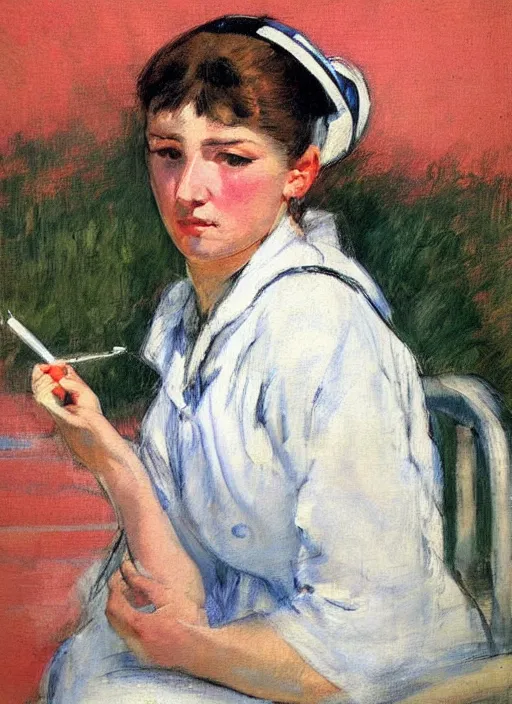 Prompt: vintage beautiful painting of nurse tying to light a 🚬 on the dark in an overgrown sanatorium in Mary Cassatt style