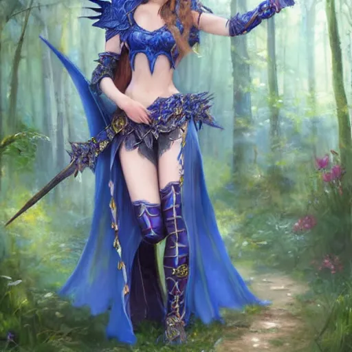 Image similar to Gothic elf princess in blue dragon armor on a misterious forest by Konstantin Razumov H 960