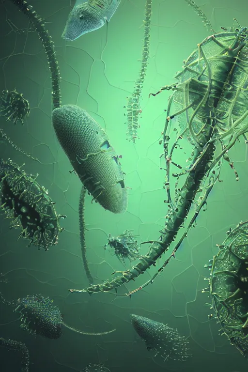 Image similar to microscopic life, protozoa, bacteria or microalgae, or complex and multicellular like copepods, photo, portrait, 3d, high details, intricate details, by vincent di fate, artgerm julie bell beeple, 90s, Smooth gradients, octane render, 8k, volumetric lightning, High contrast, duo tone, depth of field, very coherent symmetrical artwork