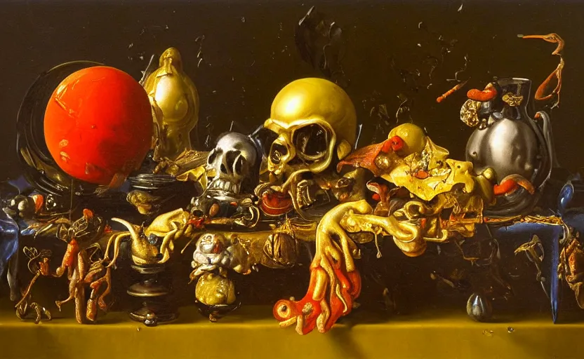 Image similar to disturbing colorful oil painting dutch golden age vanitas still life with bizarre objects strange gooey surfaces shiny metal bizarre insects rachel ruysch dali todd schorr very detailed perfect composition rule of thirds masterpiece canon 5 0 mm, cinematic lighting, photography, retro, film, kodachrome