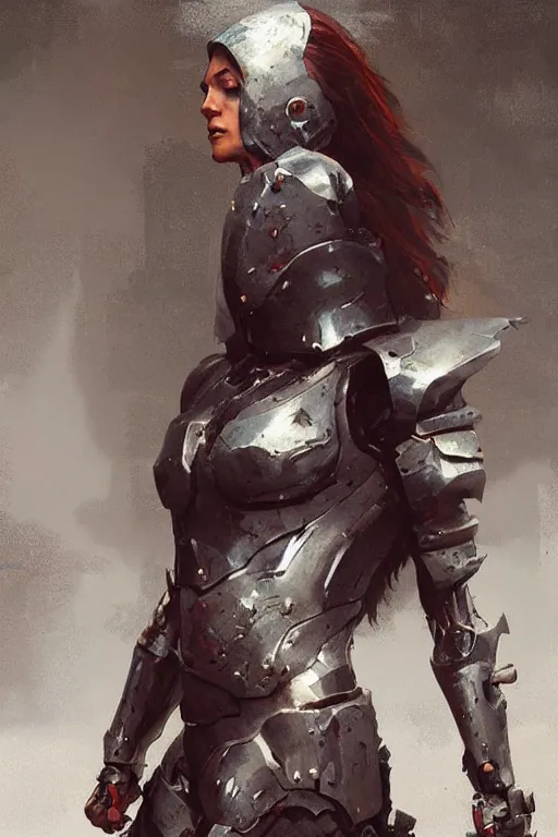 Prompt: full body girl metal armor painting by greg rutkowski