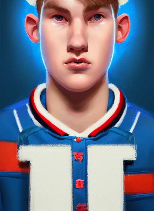 Image similar to portrait of high school senior boy named big moose, blonde short hair, jock, beefy, wide face, square jaw, square facial structure, blue varsity jacket with letter r, intricate, elegant, glowing lights, highly detailed, digital painting, artstation, concept art, sharp focus, illustration, art by wlop, mars ravelo and greg rutkowski