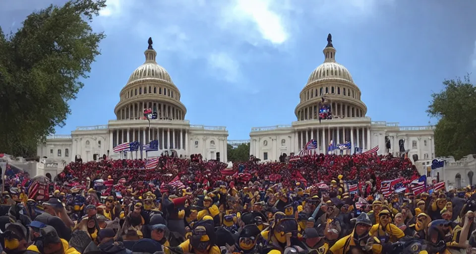 Prompt: GoPro footage of an army of patriotic Minions storming the Capitol