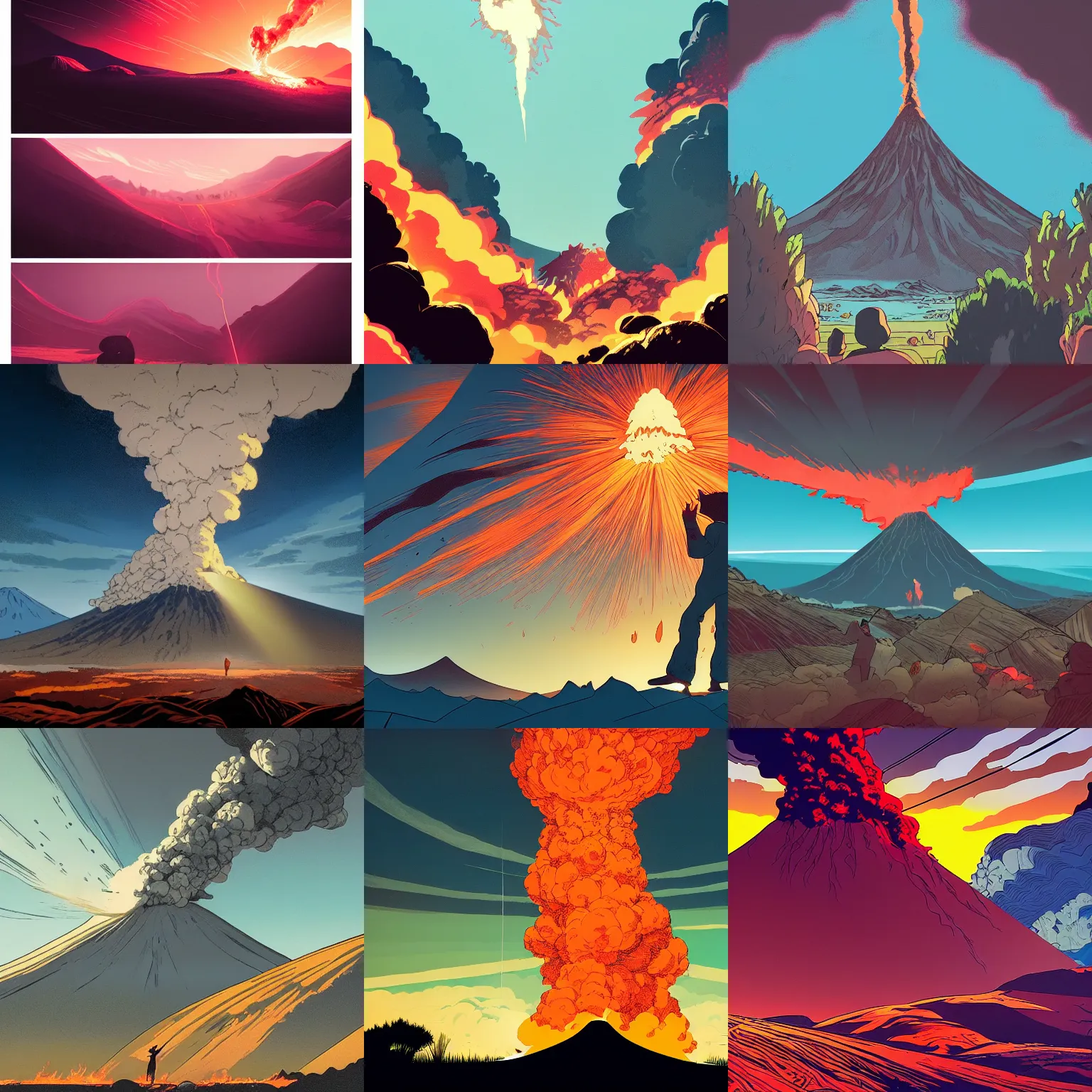 Prompt: volcano eruption, plumes of smoke and ash, rays of sunlight, dramatic lighting, dynamic view, very detailed, prophet graphic novel, ilya kuvshinov, mcbess, rutkowski, simon roy, moebius, comic book, wide shot, colorful, cinematic composition