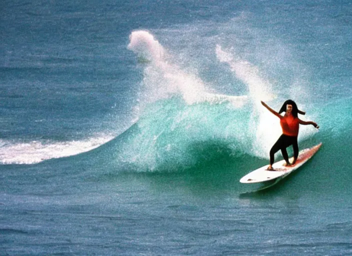 Prompt: color photo of a shark fin in the water and a surfergirl riding a big wave in the 8 0's