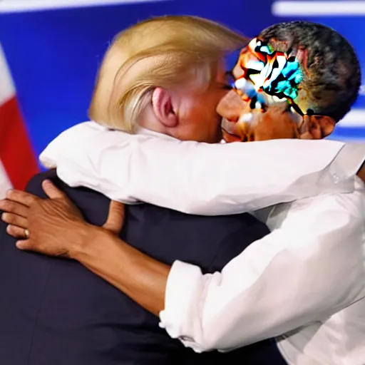 Image similar to donald trump hugging barack obama tenderly
