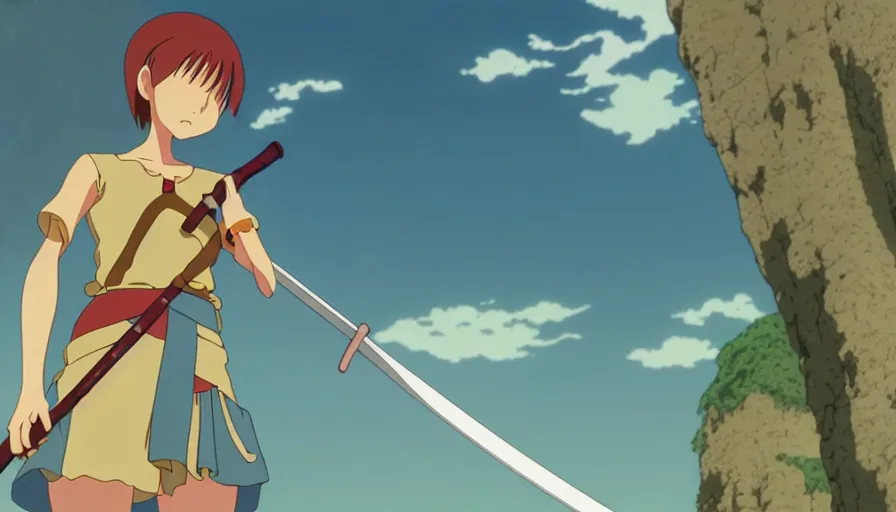 Image similar to 8 k screencap of a girl with a sword on a rio de janeiro anime, by hayao miyazaki, studio ghibli, rio background extremely high quality artwork