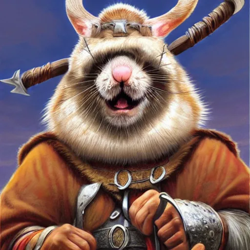 Image similar to cartoon illustration of a hamster dressed as a viking jarl, by Ted Nasmith and by Joe Jusko, 4K, trending on ArtStation, sfumato, centered