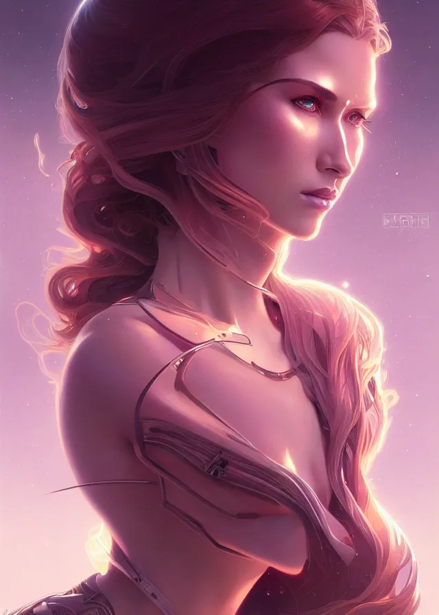 Image similar to futuristic woman portrait, sci-fi, amber eyes, face, long hair, fantasy, intricate, elegant, highly detailed, digital painting, artstation, concept art, smooth, sharp focus, illustration, art by artgerm and greg rutkowski and alphonse mucha