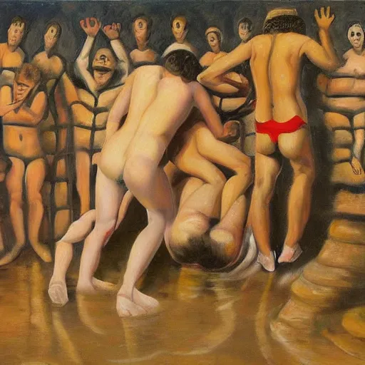 Prompt: 3 drunks fall over mud - wrestling,, where's wally, oil painted ( ( ( ( by salvador dali ) ) ) )