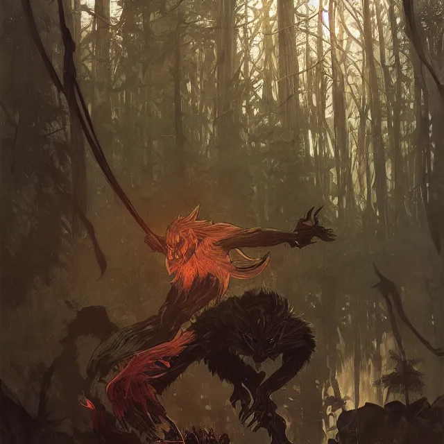 Image similar to a male werewolf with long claws fighting a young fit male vampire in a dark forest at night, by greg rutkowski and alphonse mucha, gradient brown to red, highly detailed, digital painting, artstation, concept art, smooth, sharp focus illustration