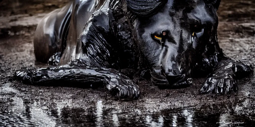 Prompt: the black lioness made of tar, dripping tar, dripping goo, sticky black goo, laying on their back bathing in the pit filled with tar, dripping goo, sticky black goo. photography, dslr, reflections, black goo, rim lighting, cinematic light, tar pit, chromatic