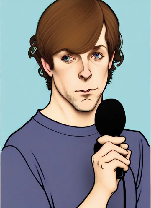 Image similar to art nouveau portrait of geoff rickly with short light brown straw blond hair, light blue eyes, sad expression, scared, head down, shy and demure, jeans and black t - shirt, holding a microphone, natural lighting, path traced, highly detailed, high quality, cartoon, digital painting, by don bluth and ross tran and studio ghibli and alphonse mucha