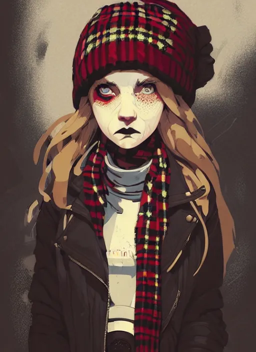 Image similar to highly detailed portrait of a sewer punk lady student, beanie, tartan scarf, wavy blonde hair by atey ghailan, by greg rutkowski, by greg tocchini, by james gilleard, by joe fenton, by kaethe butcher, gradient red, black, brown and cream color scheme, grunge aesthetic!!! graffiti tag wall background