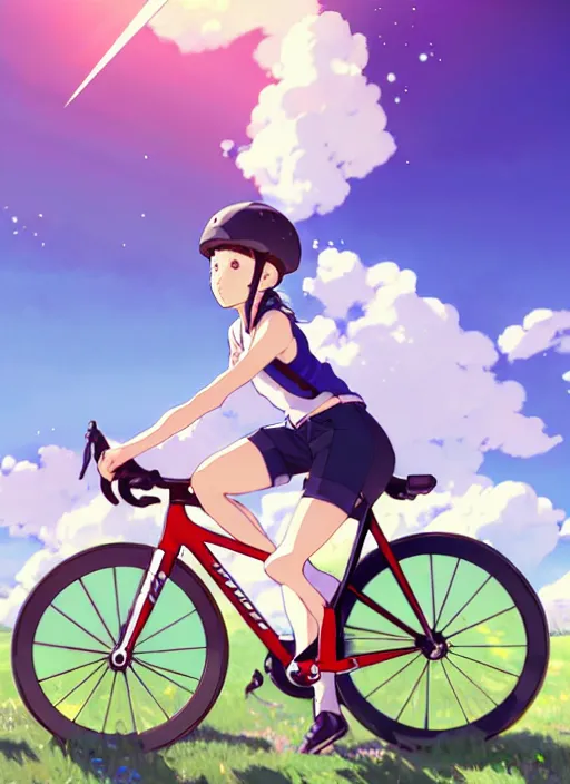 Image similar to portrait of cute girl riding road bike, sunny sky background, lush landscape, illustration concept art anime key visual trending pixiv fanbox by wlop and greg rutkowski and makoto shinkai and studio ghibli and kyoto animation, symmetrical facial features, sports clothing, road bike helmet, red cycling suit with sponsors, backlit, aerodynamic frame, gta 5