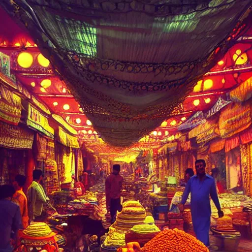 Image similar to bazaar in delhi. art by salman toor. global illumination, radiant light, detailed and intricate environment, atmospheric light, cinematic, trending on artstation