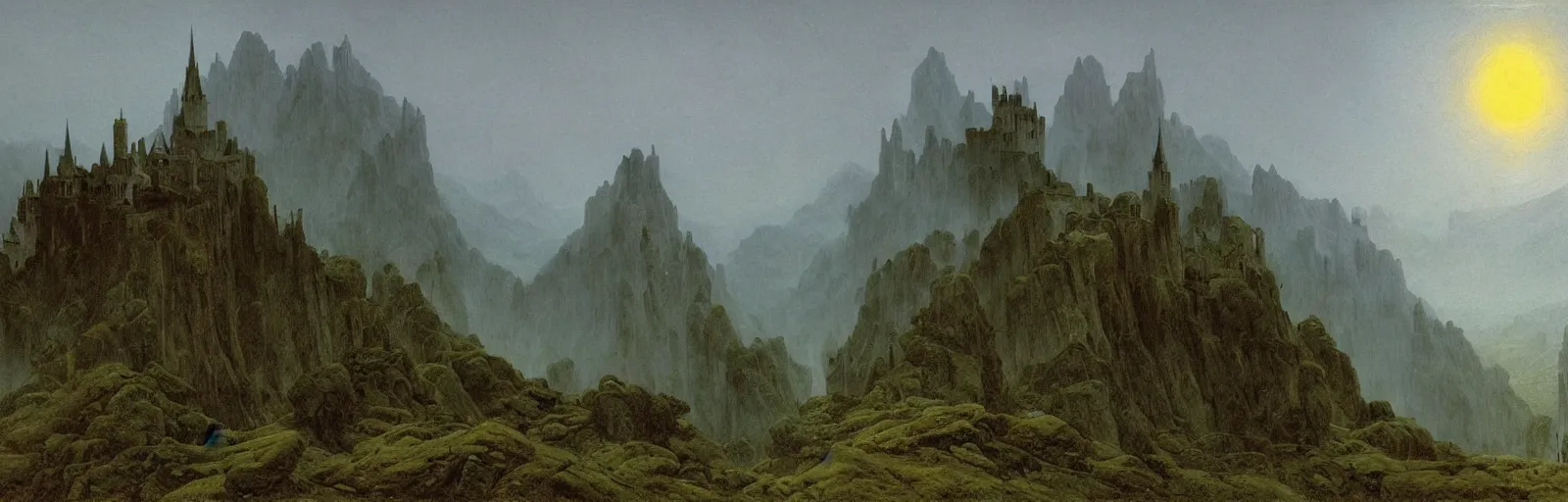 Prompt: Castle in the misty mountains,painting by Caspar David Friedrich,masterpiece