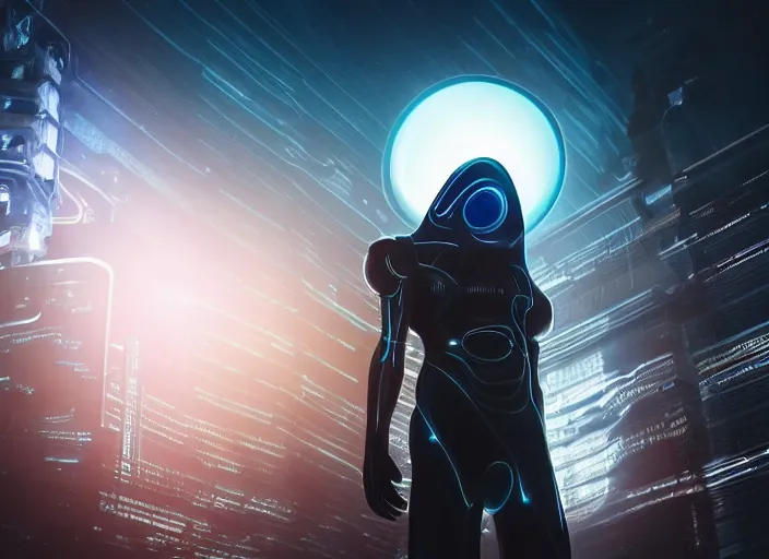 Image similar to medium shot, an alien with beautiful glowing eyes, detailed symmetrical face and skin, wearing a long flowing cloth shirt over stylish futuristic suit poses beside an outpost with tall detailed structures with lights in the night sky, incredible detail, anamorphic 2 0 mm lens, cinematic flare, photorealistic!!!