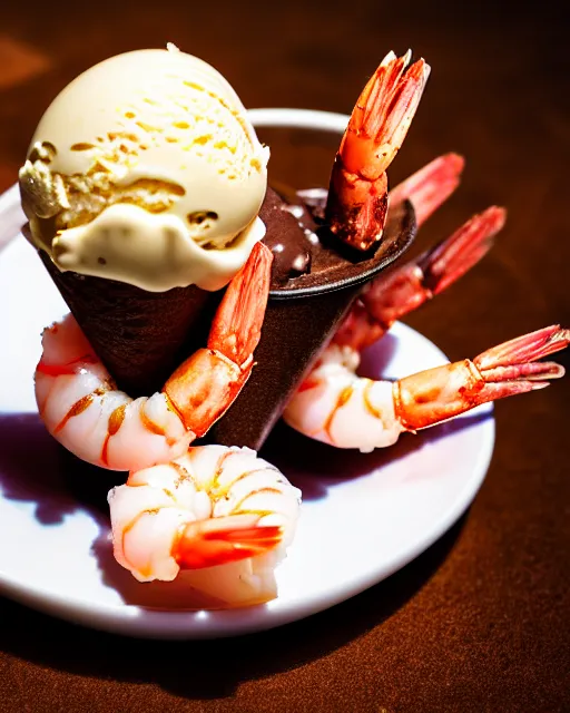 Image similar to dslr food photograph of an ice cream desert with a shrimp on. 8 5 mm f 1. 4