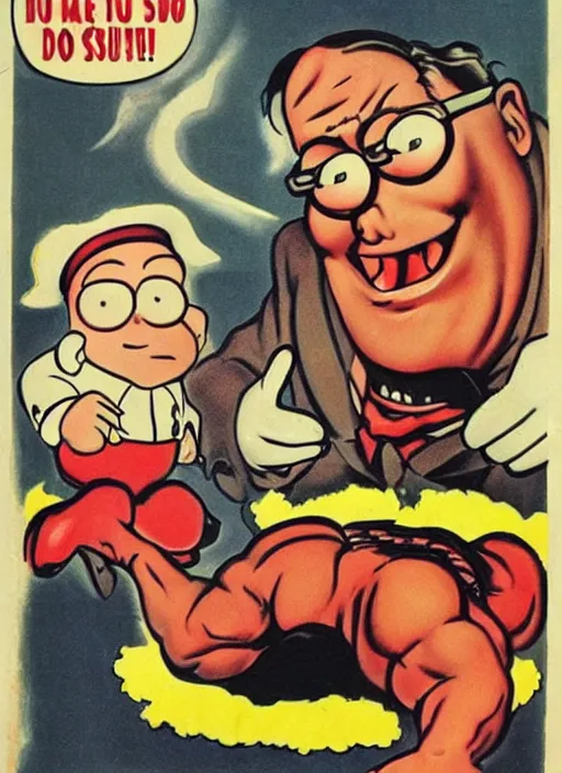 Prompt: creepy peter griffin, 1940s scare tactic propaganda art