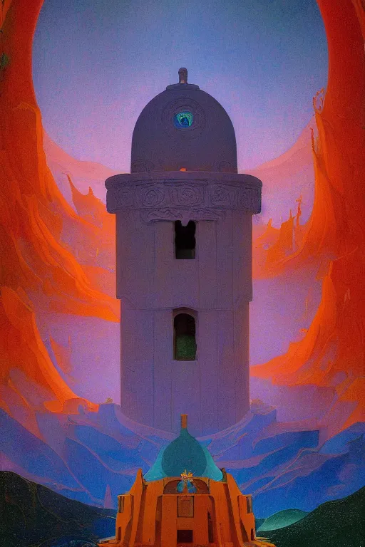 Prompt: glorious painted belltower of the sun and the lost stars, by Sylvain Sarrailh and Nicholas Roerich and jean delville and Maxfield Parrish, dramatic cinematic lighting , beautiful garden, ornate architecture, smooth, sharp focus, extremely detailed