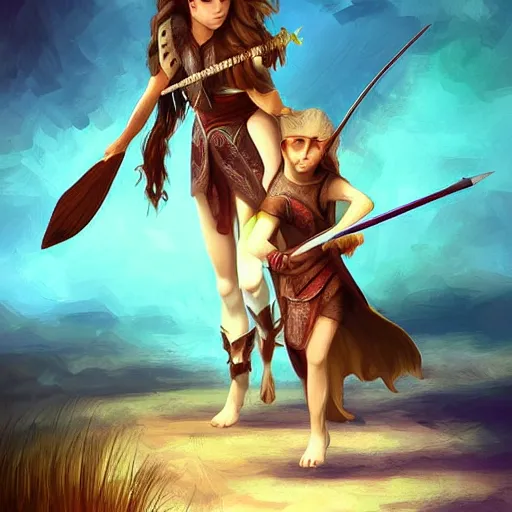 Prompt: a female child warrior holding a spear and riding a giant fox into war, digital art, concept