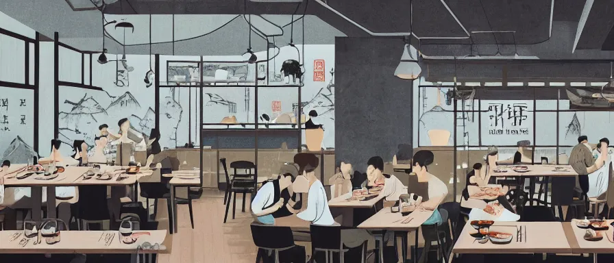 Image similar to a beautiful interior view illustration of a small roasted string hotpot restaurant in yan'an city, wall corner, restaurant wall paper is tower amd mountain, rectangle white porcelain table, people are eating, black chair, animation illustrative style, from china, simple style structure decoration design, victo ngai, james jean, 4 k hd