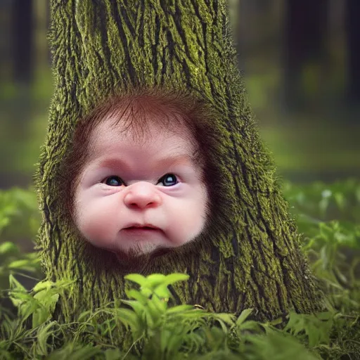 Prompt: award winning hyper realistic photograph of a sasquatch infant peering out timidly from behind a tree with large cute eyes, portrait, 8 k, twilight, foggy, moonlit