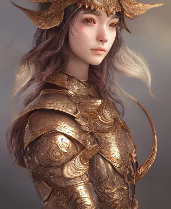 Image similar to a beautiful and highly detailed digital portrait of a dignified elf with long blue windswept hair in a rose gold breastplate by artgerm, jia ruan, and lu ji, centered, artsation contest winner, cgsociety, fantasy art, cryengine, concept art, photorealism, daz 3 d, sketchfab, zbrush, vray