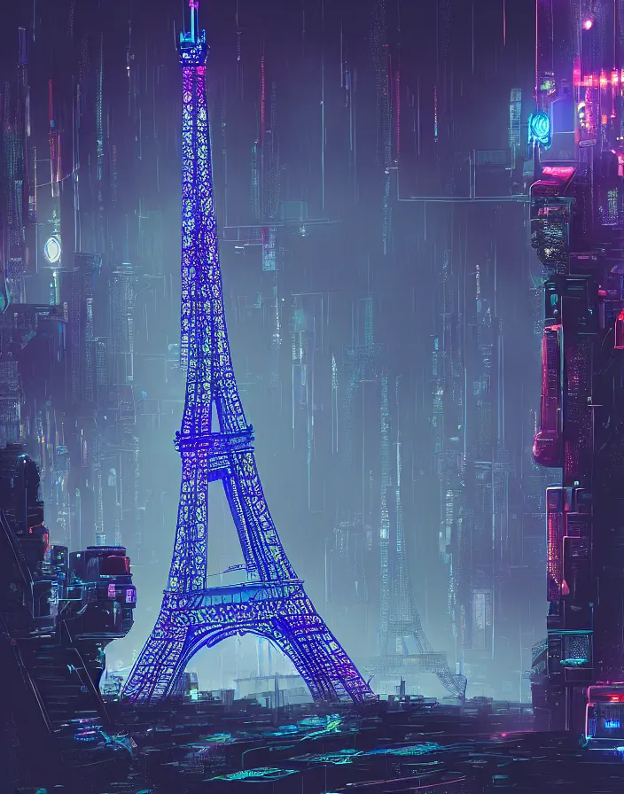 Image similar to a cyberpunk eiffel tower, cyberpunk sci - fu world