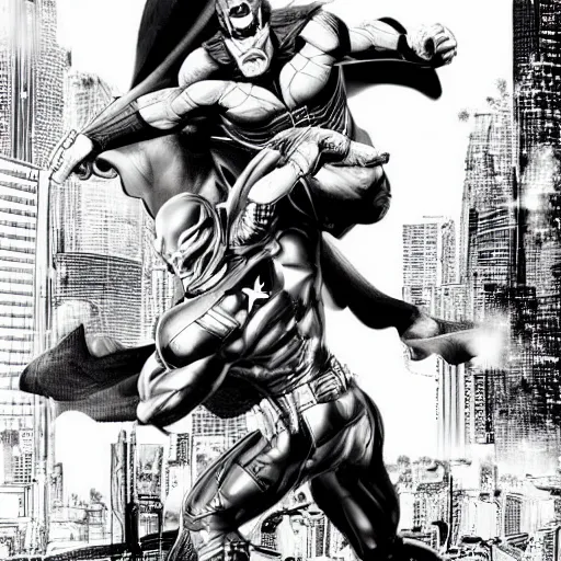 Prompt: heroes battling villains by frank Miller, artgerm, black and white, highly detailed, cityscape