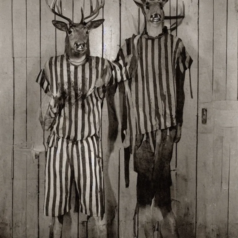 Prompt: deer headed man wearing striped prison clothing, colorized old jail mugshot