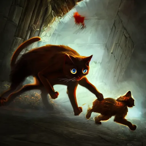 Image similar to deeply scared cat running away from the giant carnivorous sandwich, artstation hq, dark phantasy, stylized, symmetry, modeled lighting, detailed, expressive, true unsimulated emotions, created by hidetaka miyazaki, dark souls 3 artstyle