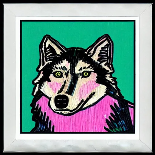 Image similar to retarded wolf portrait, van gogh style, pink, green