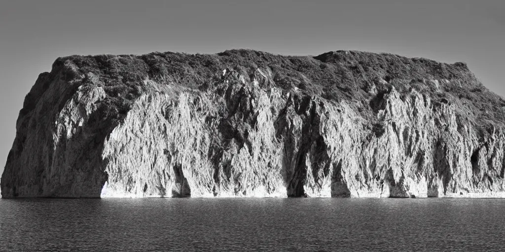 Image similar to black and white crystal cliffs surrounding an island, viewed from the ocean, high quality digital art,