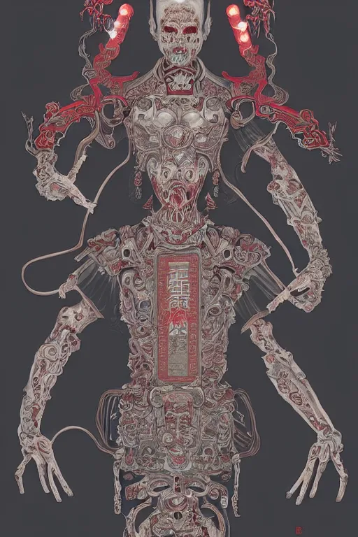 Image similar to ancient chinese zombies - body official clothes of the qing dynasty, symmetrical. sci - fi, tech wear, glowing lights, intricate, elegant, highly detailed, digital painting, highly detailed, digital painting, artstation, concept art, smooth, sharp focus, illustration, art by artgerm and greg rutkowski and alphonse mucha