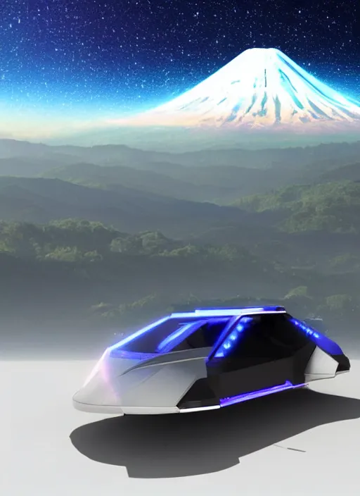 Prompt: a futuristic crystal - solarpunk tesla cyber truck vehicle hover craft in the future of 2 0 8 9 futuristic version, cyberpunk look. digital art. trending on artstation. cyberpunk look hovering by mount fuji early in the morning with a few blossom trees around, high quality photo