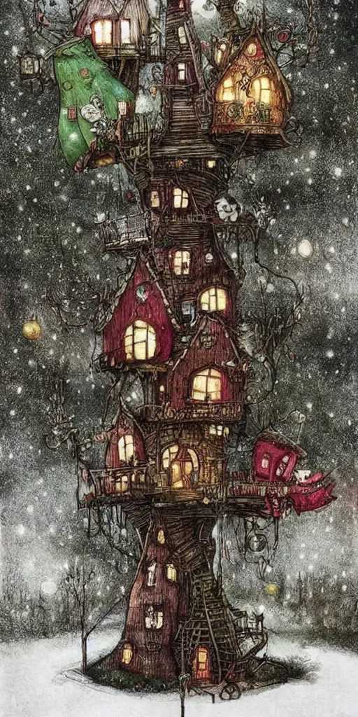 Prompt: a christmas tree house by alexander jansson