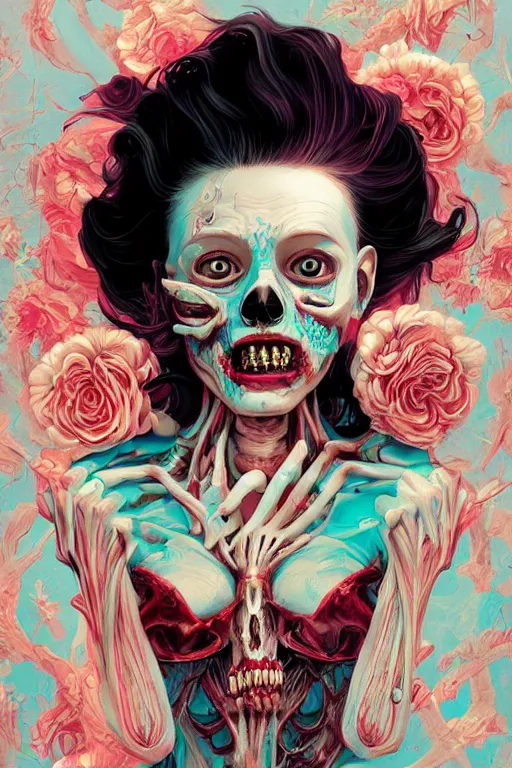 Image similar to a smiling cute zombie woman peeling exposed bones skin and wavy hair, tristan eaton, victo ngai, artgerm, rhads, ross draws