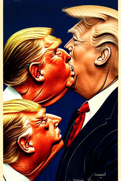 Prompt: norman rockwell painting of gay donald trump kissing a second donald trump
