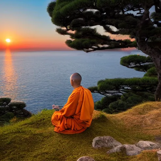 Prompt: a japanese monk sitting at the edge of a cliff, writing haiku, looking at a beautiful sunset above a lake, trees in distance