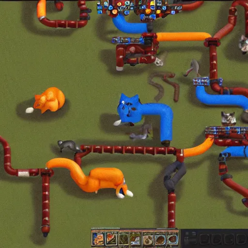 Prompt: photograph of two cats playing factorio