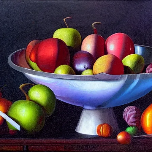 Prompt: Still life with impossible 4d alien glowing fruits, roast grue, in orbital space ship, fine art oil painting, dutch masters