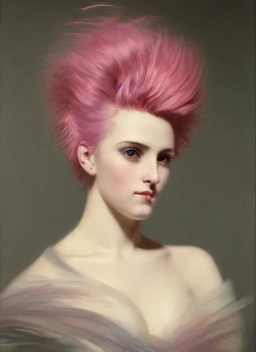 Prompt: a detailed portrait of woman with a mohawk by edouard bisson, 1 9 9 0 fashion, pink hair, punk rock, looking at the camera, oil painting, muted colours, soft lighting